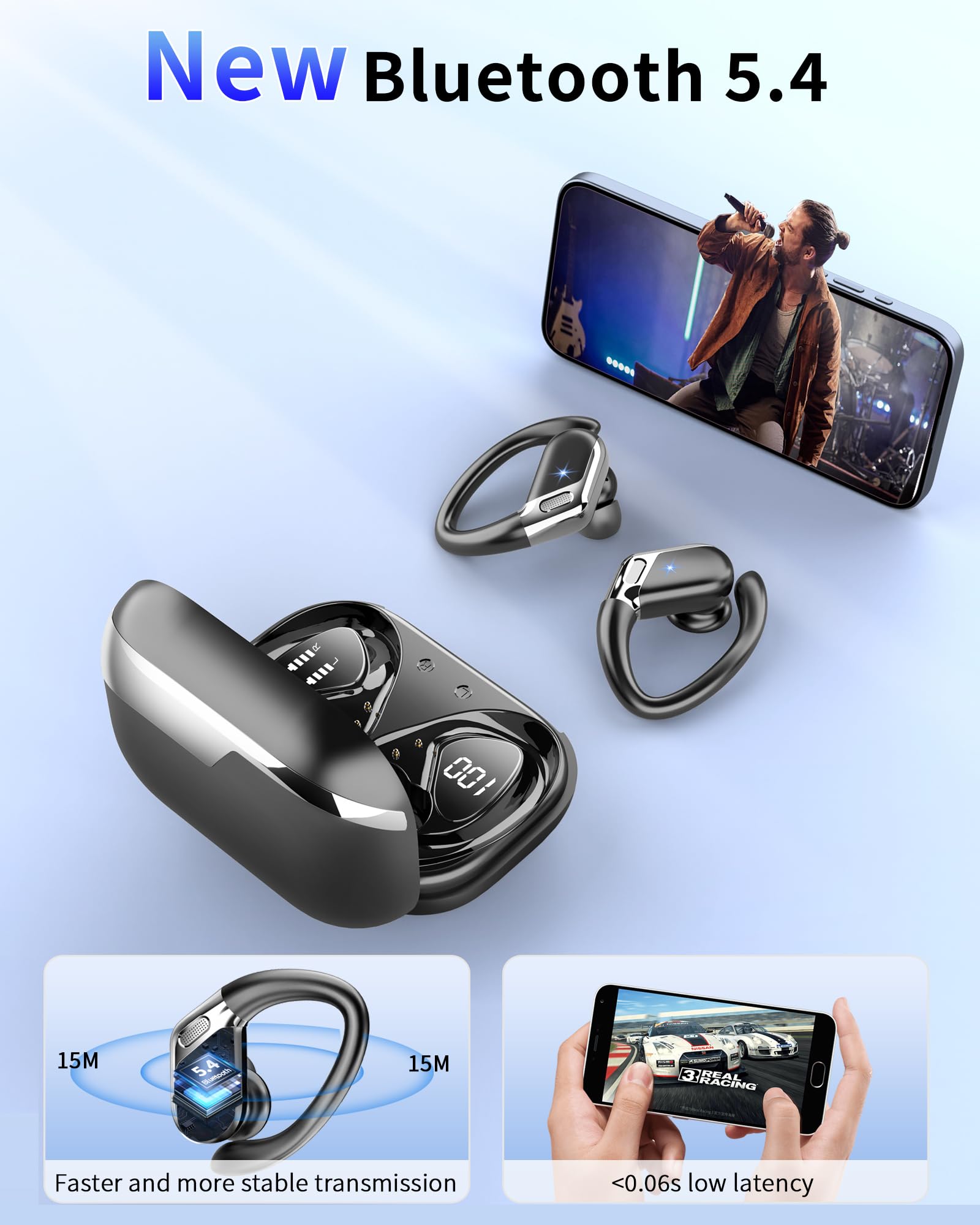 Wireless Earbuds Bluetooth 5.4 Sport Headphones ENC Mic 65H Playtime IP7 Waterproof with LED Display