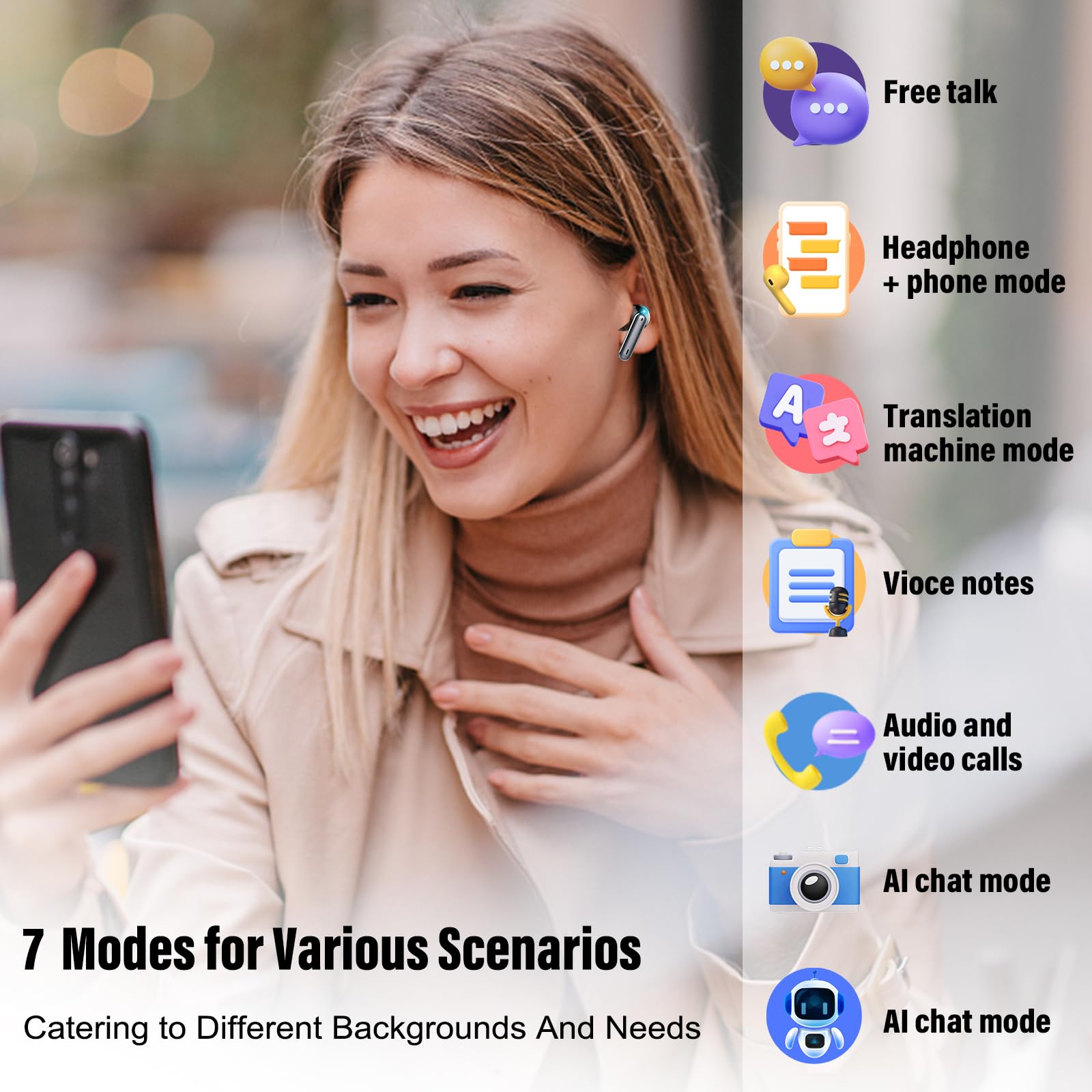 AI Translation Earbuds Real Time 164 Languages Translator Headphones 6 Modes 40H Playtime