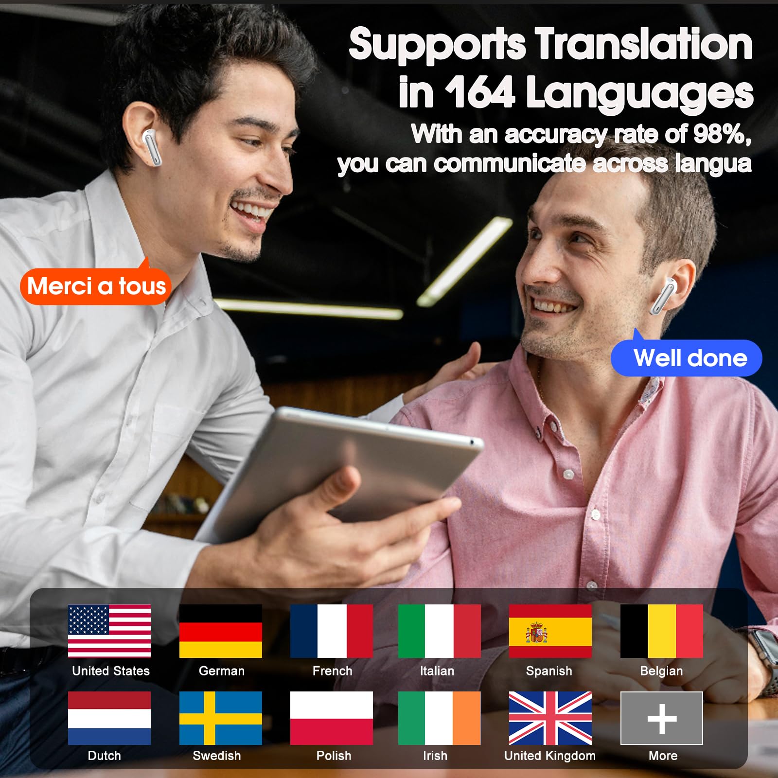 AI Translation Earbuds Real Time 164 Languages Translator Headphones 6 Modes 40H Playtime