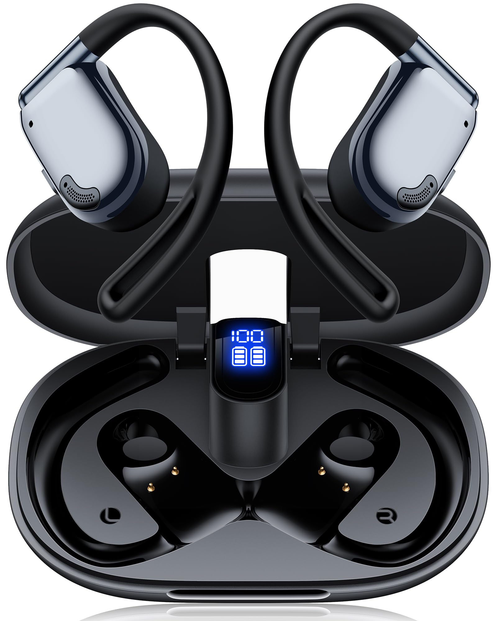 AI Translation Earbuds Real Time 164 Languages Bluetooth 90H Playtime Open Ear with LED Display Black