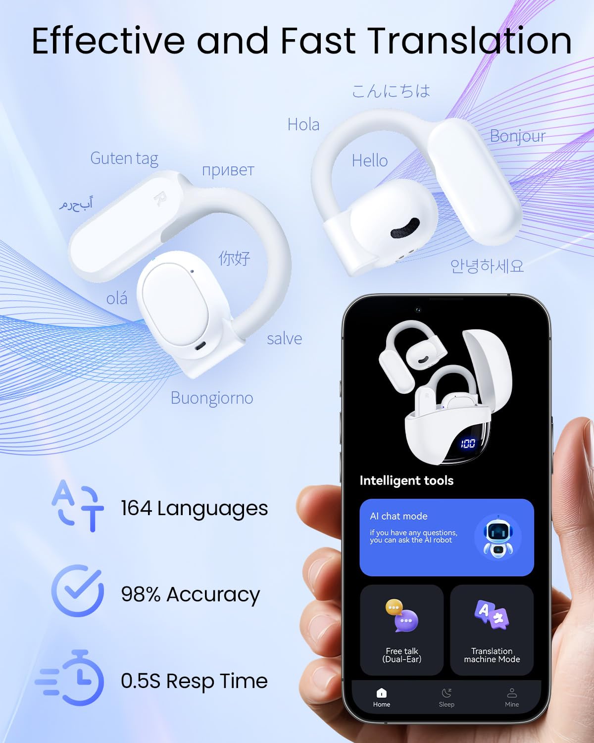 AI Translation Earbuds Real Time 164 Languages 80H Playtime Translator Bluetooth K08 White