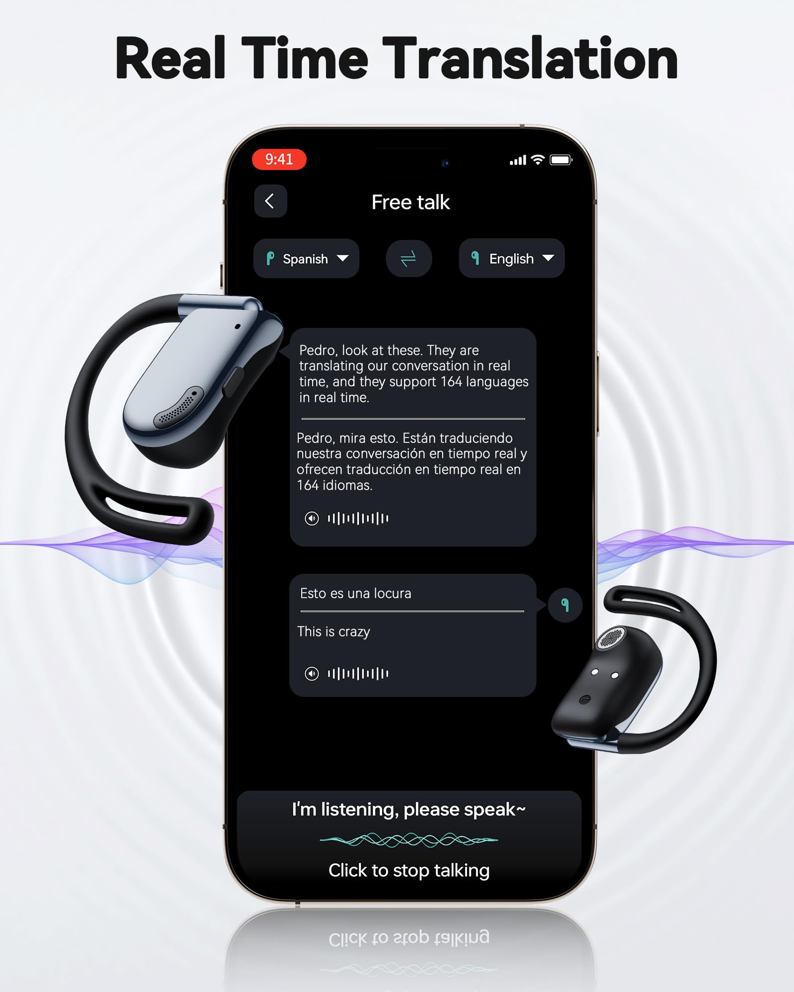 AI Translation Earbuds Real Time 164 Languages Bluetooth 90H Playtime Open Ear with LED Display Black