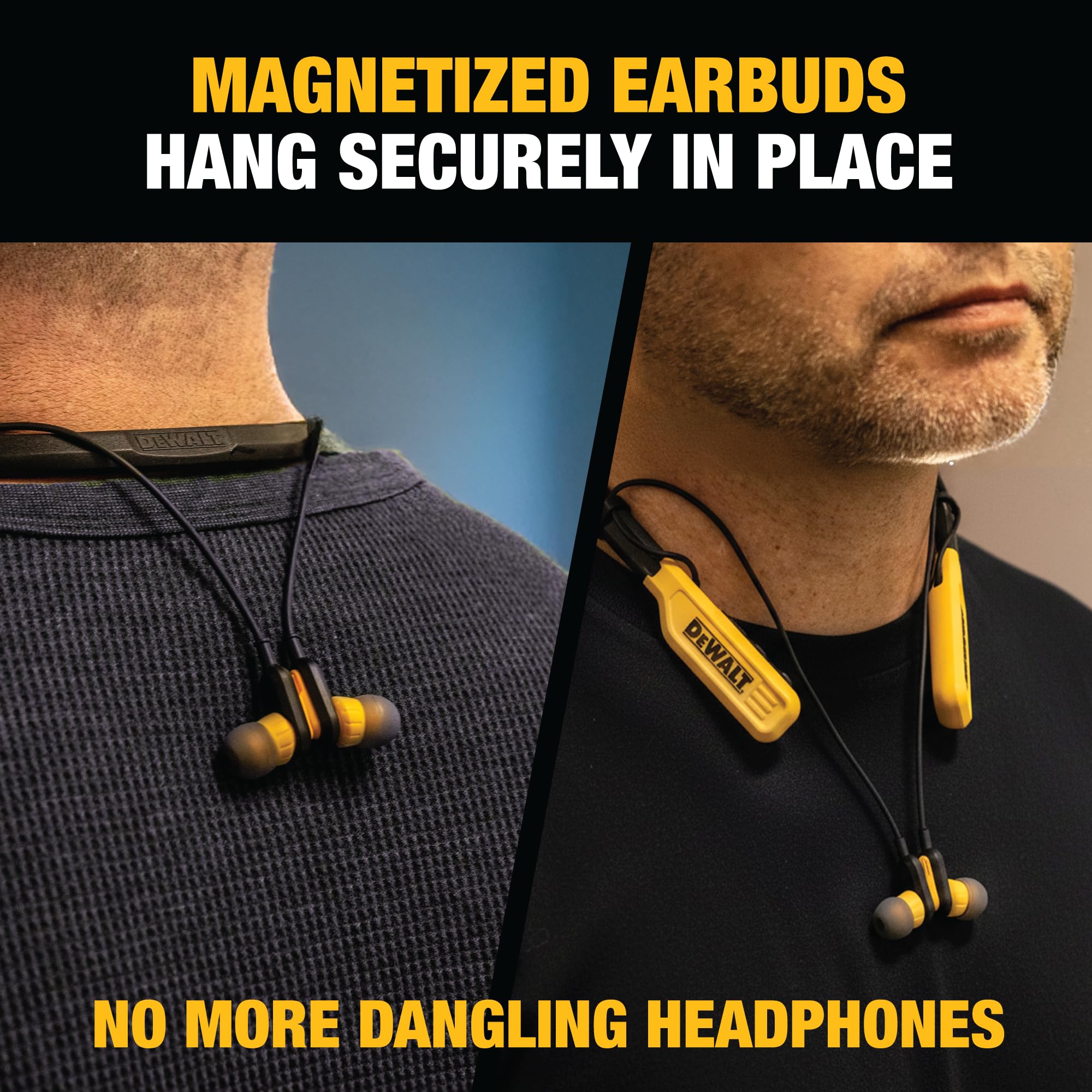 DEWALT Heavy Duty Magnetic Bluetooth Neckband Headphones Wireless Earbuds 30H Runtime Noise Isolation Black Edition