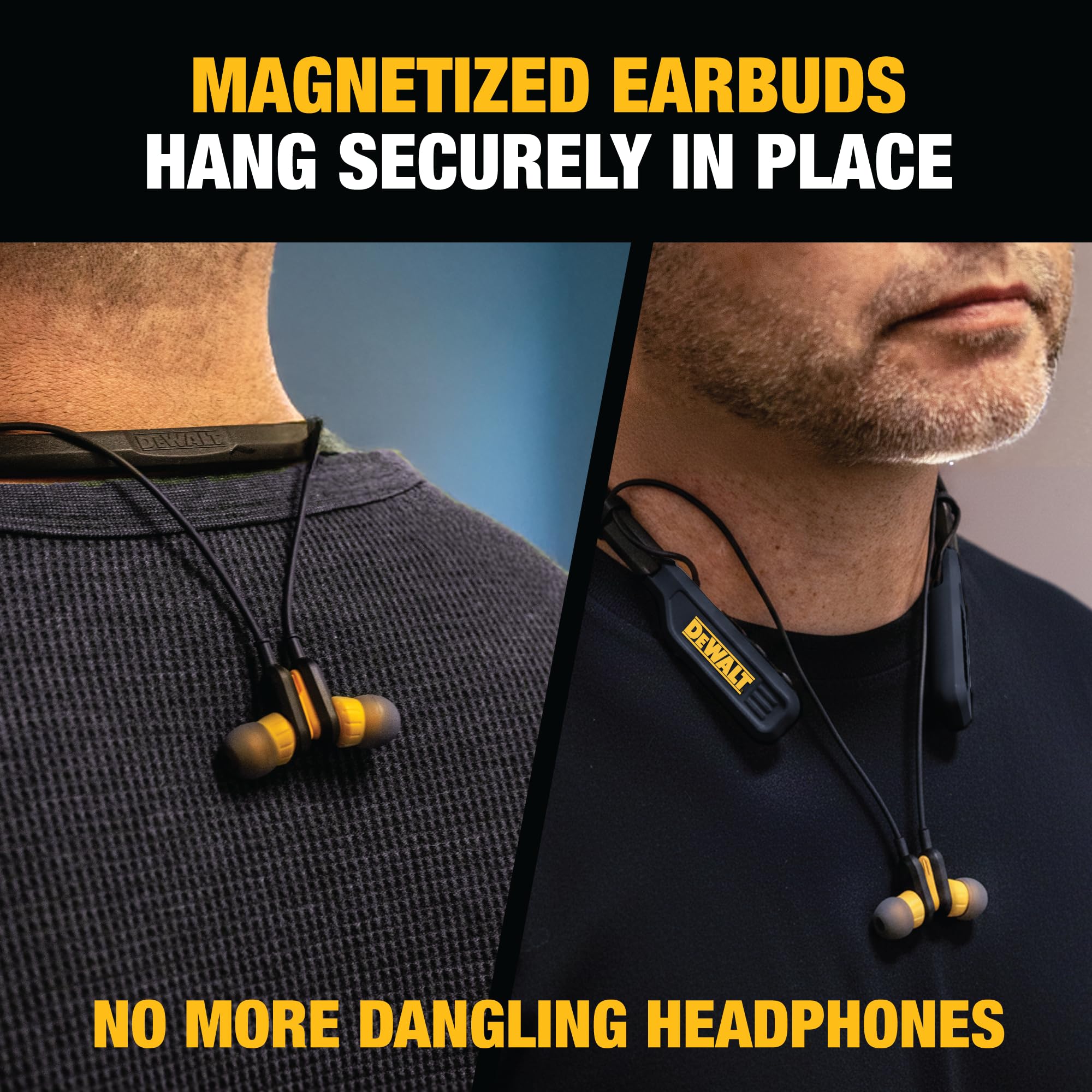DEWALT Heavy Duty Magnetic Bluetooth Neckband Headphones Wireless Earbuds 30H Runtime Noise Isolation Black Edition