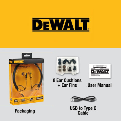 DEWALT Heavy Duty Magnetic Bluetooth Neckband Headphones Wireless Earbuds 30H Runtime Noise Isolation Black Edition
