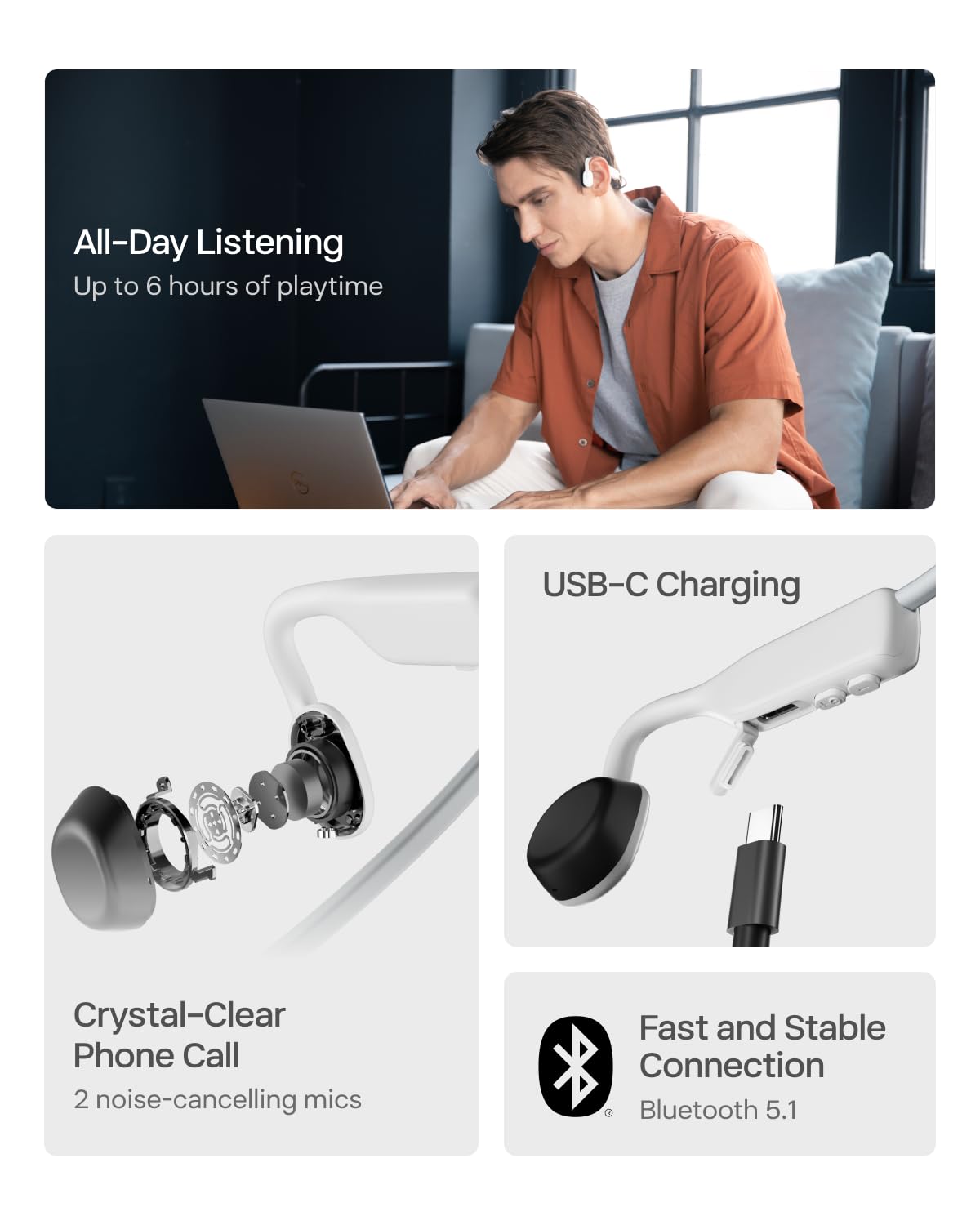 Shokz OpenMove Open Ear Bluetooth Bone Conduction Sport Headphones Sweatproof Grey