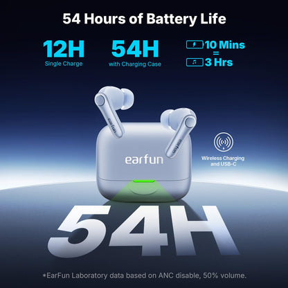 EarFun Air Pro 4+ Adaptive Noise Cancelling Wireless Earbuds Qualcomm aptX Lossless Dual Drivers 54H Bluetooth 6.0