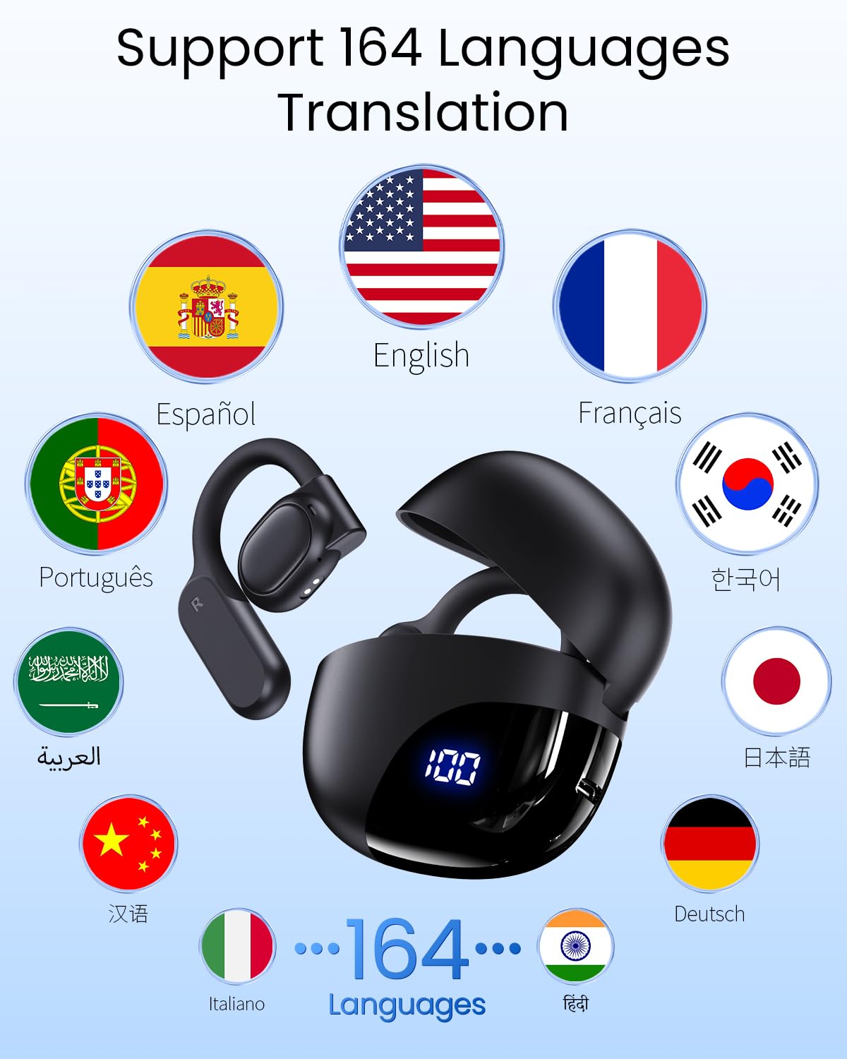 AI Translation Earbuds Real Time 164 Languages 80H Playtime Translator Bluetooth K08 Black
