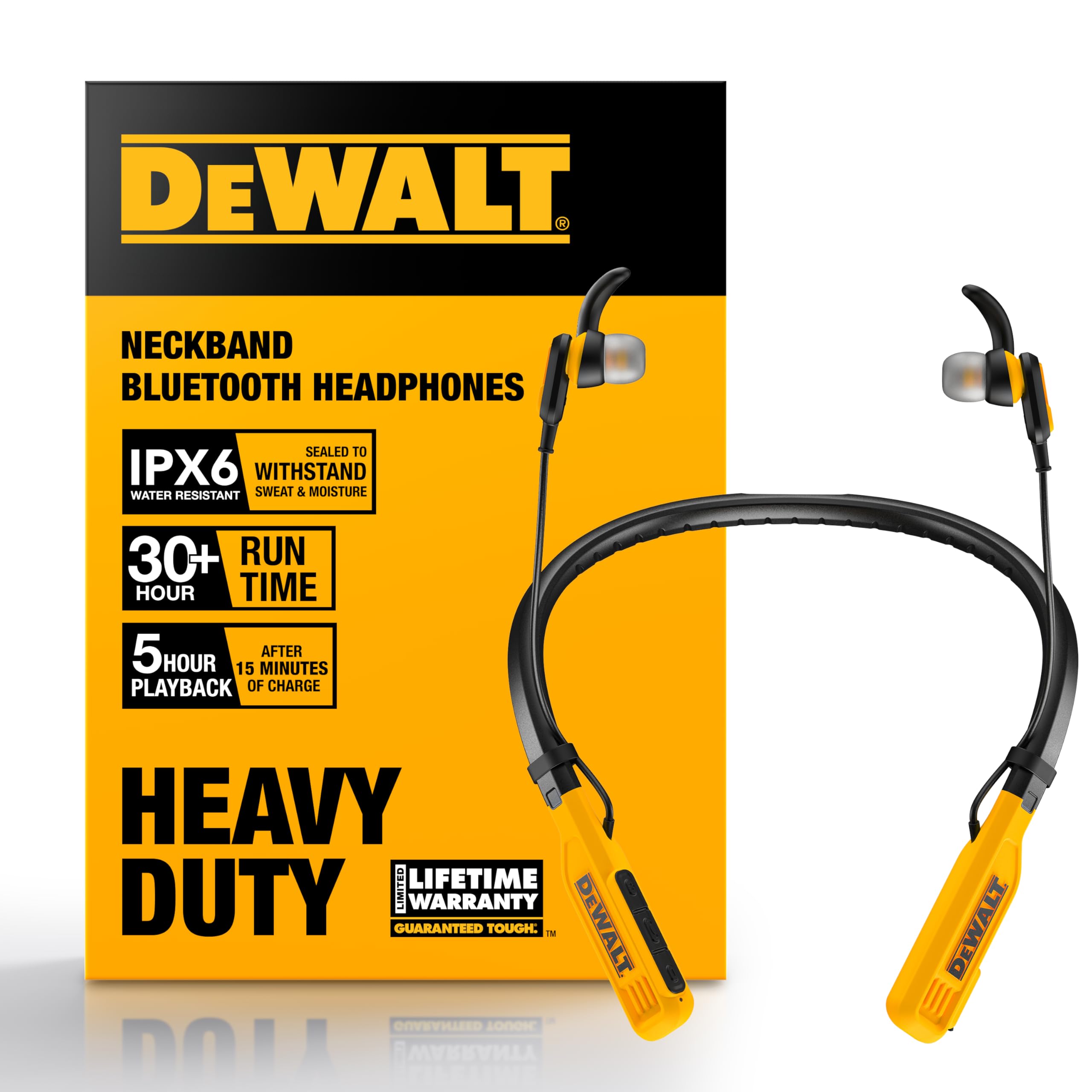 DEWALT Heavy Duty Magnetic Bluetooth Neckband Headphones Wireless Earbuds 30H Runtime Noise Isolation Black Edition