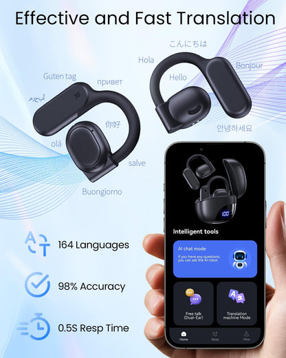 AI Translation Earbuds Real Time 164 Languages 80H Playtime Translator Bluetooth K08 Black