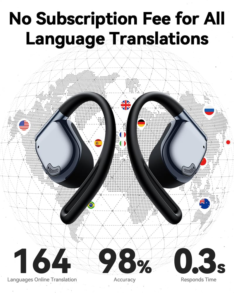 AI Translation Earbuds Real Time 164 Languages Bluetooth 90H Playtime Open Ear with LED Display Black