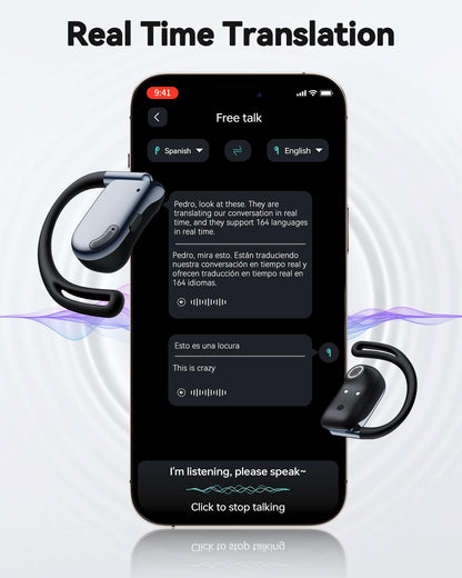 AI Translation Earbuds Real Time 164 Languages Bluetooth 90H Playtime Open Ear with LED Display Black