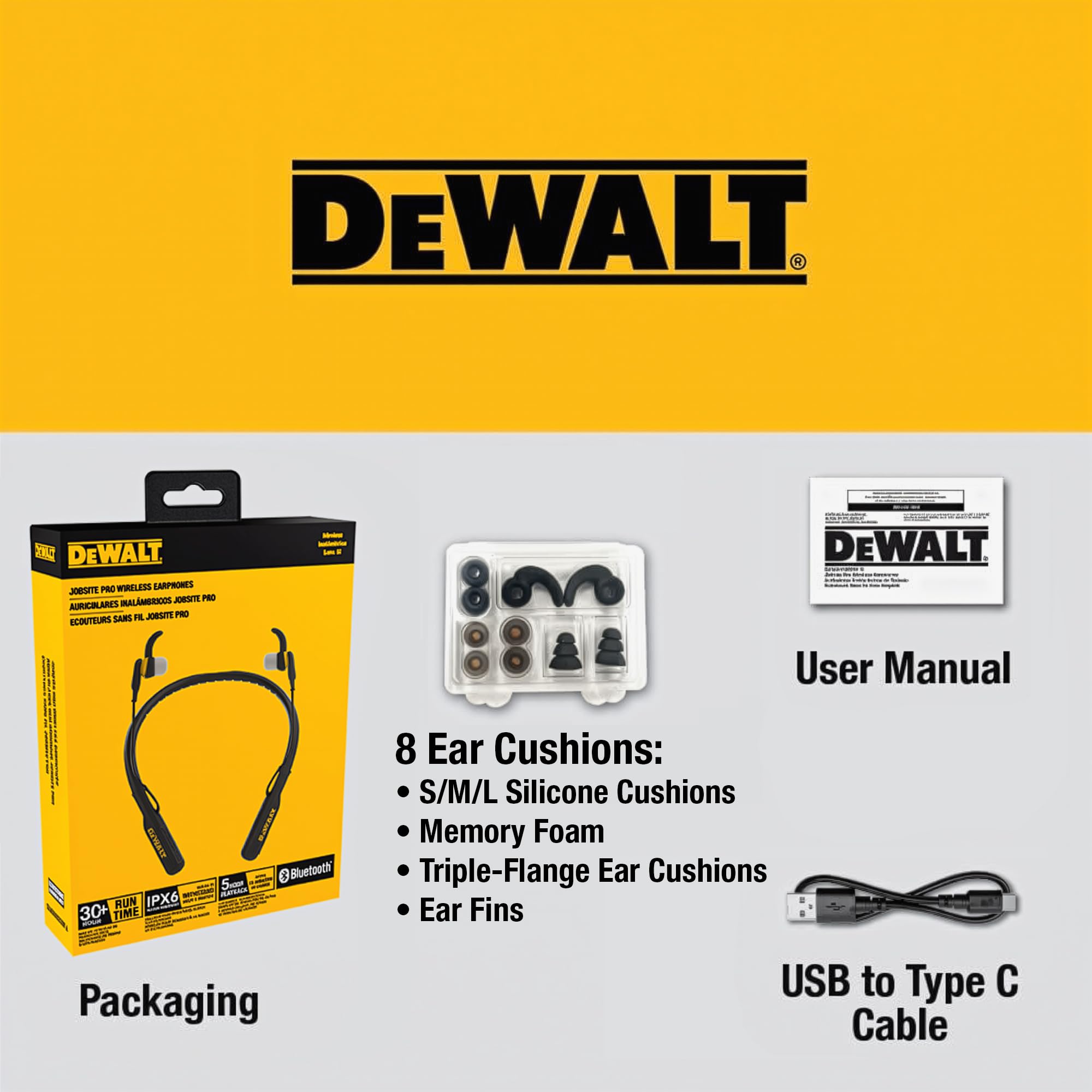 DEWALT Heavy Duty Magnetic Bluetooth Neckband Headphones Wireless Earbuds 30H Runtime Noise Isolation Black Edition