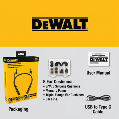 DEWALT Heavy Duty Magnetic Bluetooth Neckband Headphones Wireless Earbuds 30H Runtime Noise Isolation Black Edition