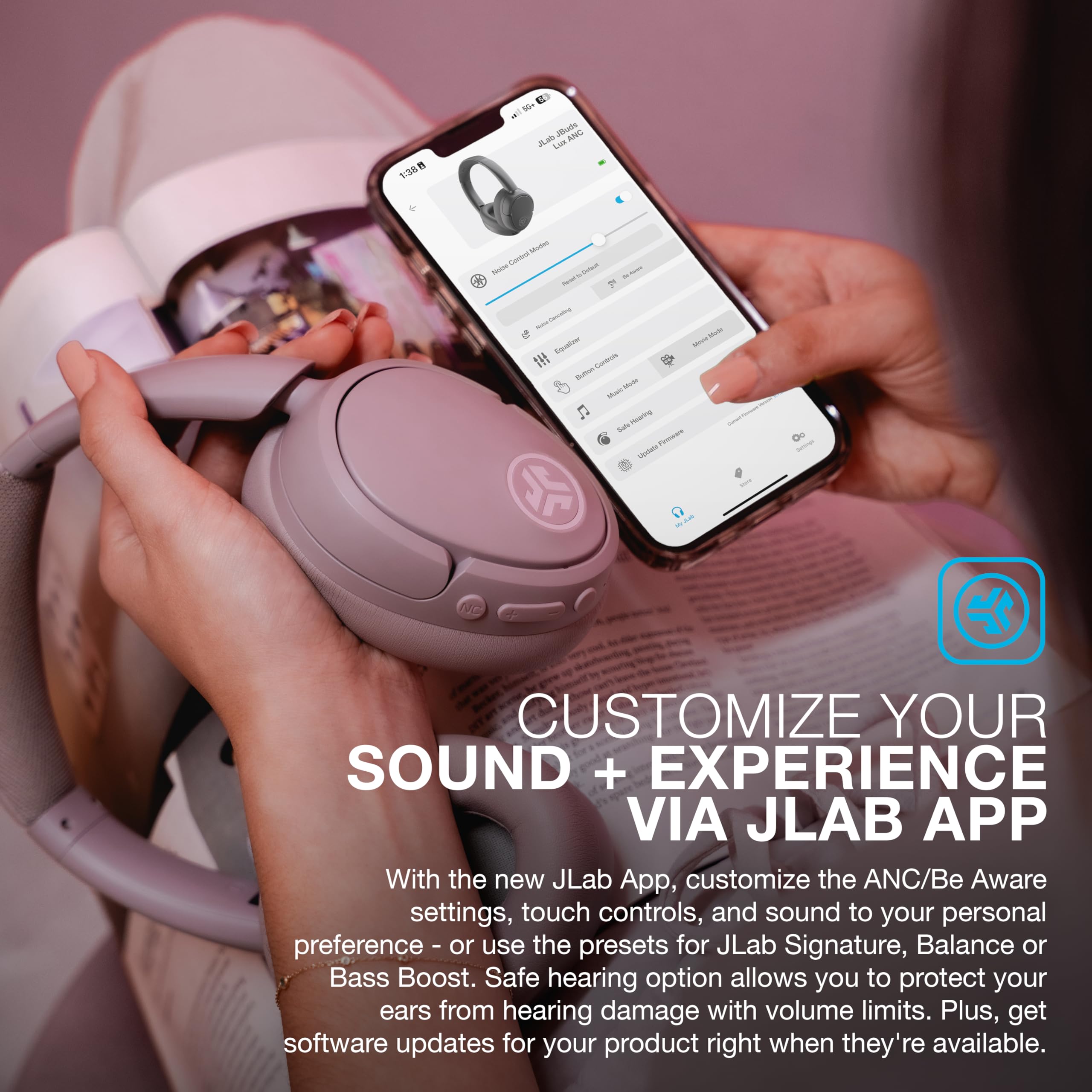JLab JBuds Lux ANC Wireless Headphones Hybrid Noise Cancelling Spatial Audio Bluetooth Mauve
