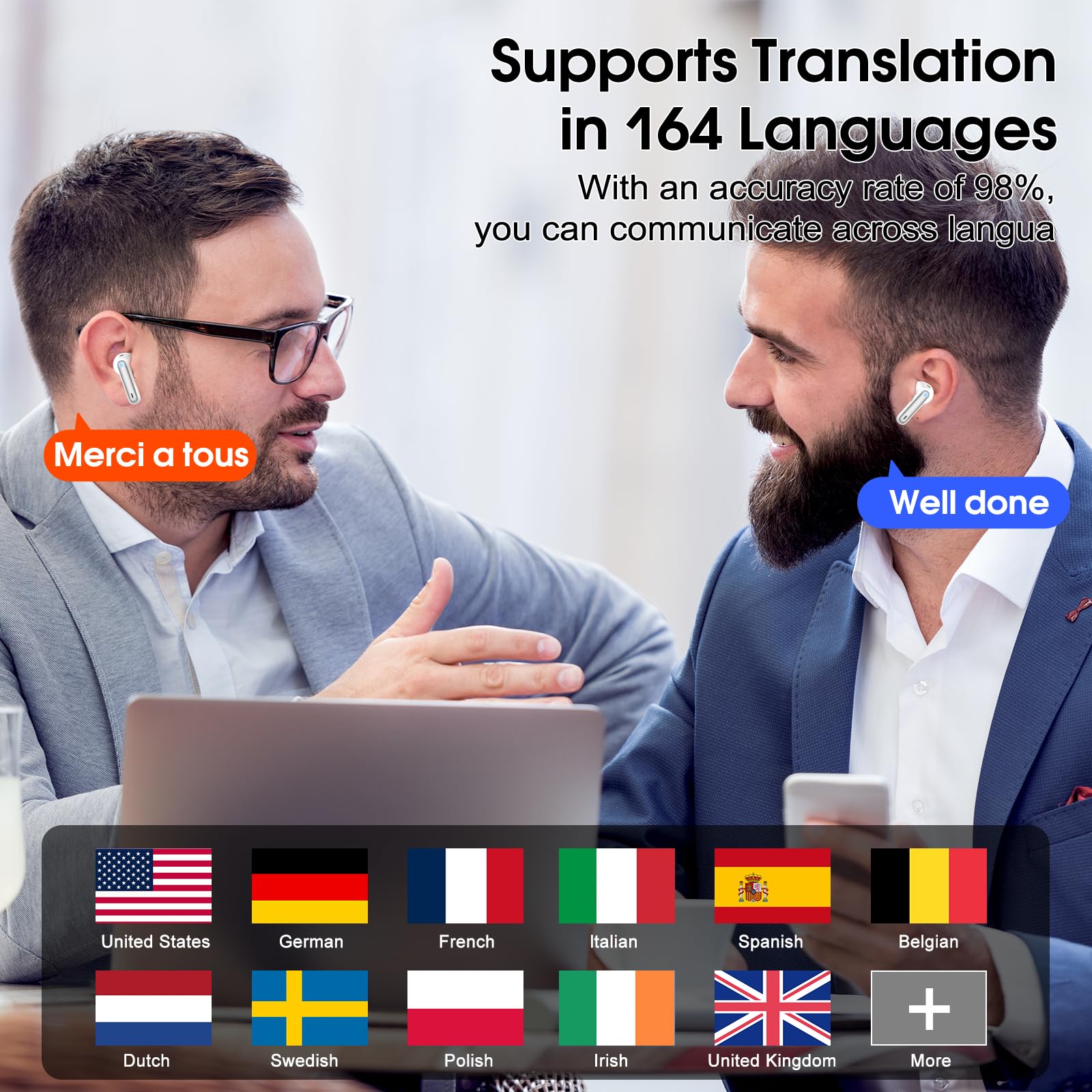 AI Translation Earbuds Real Time 164 Languages Translator Headphones 6 Modes 40H Playtime