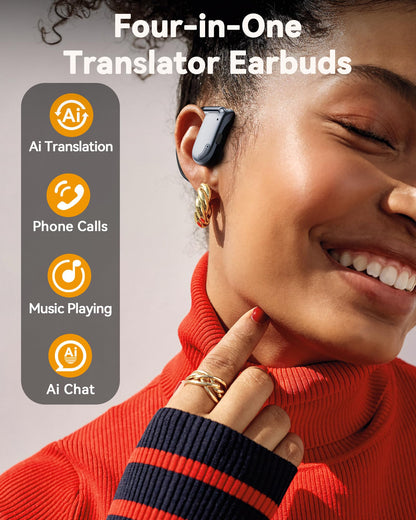 AI Translation Earbuds Real Time 164 Languages Bluetooth 90H Playtime Open Ear with LED Display Black